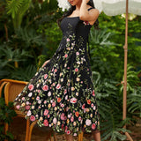vintage inspired square neck party dress styled for wedding guest or formal occasion full outfit view