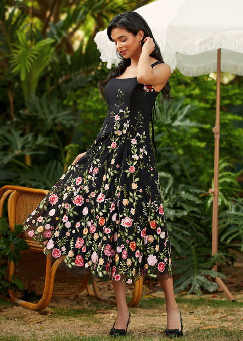 vintage inspired square neck party dress styled for wedding guest or formal occasion full outfit view