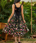 square neck fit and flare party dress with corset lace up back and gored a line skirt back view
