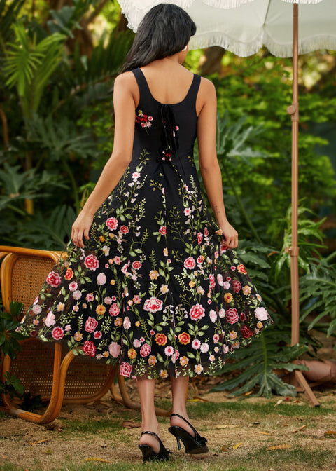 square neck fit and flare party dress with corset lace up back and gored a line skirt back view