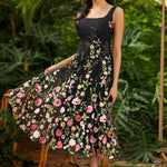 fit and flare party dress with gored skirt in motion showing flow and volume