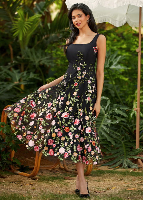 fit and flare party dress with gored skirt in motion showing flow and volume