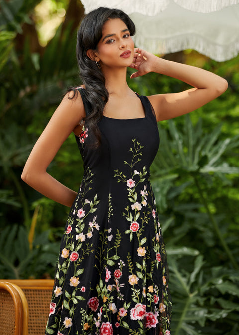 square neck a line party dress with gored panels flattering fit and flare shape angled front view