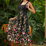 square neck fit and flare dress side view showing gored skirt shape and feminine silhouette