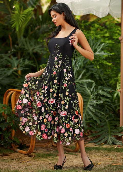 square neck fit and flare dress side view showing gored skirt shape and feminine silhouette