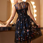 Back view of a black embroidered mesh dress with illusion back, keyhole closure, and fit-and-flare silhouette.