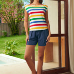 Full outfit with striped tee and belted shorts