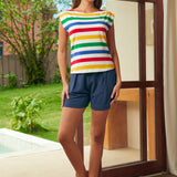 Full outfit with striped tee and belted shorts