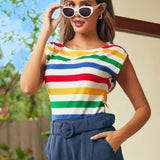 Striped boatneck cap sleeve tee front view