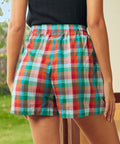 Back view of retro plaid cotton shorts with relaxed fit