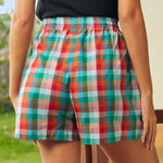 Back view of retro plaid cotton shorts with relaxed fit