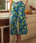 Wide leg cropped palazzo pants in fruit print with elastic waistband, front view