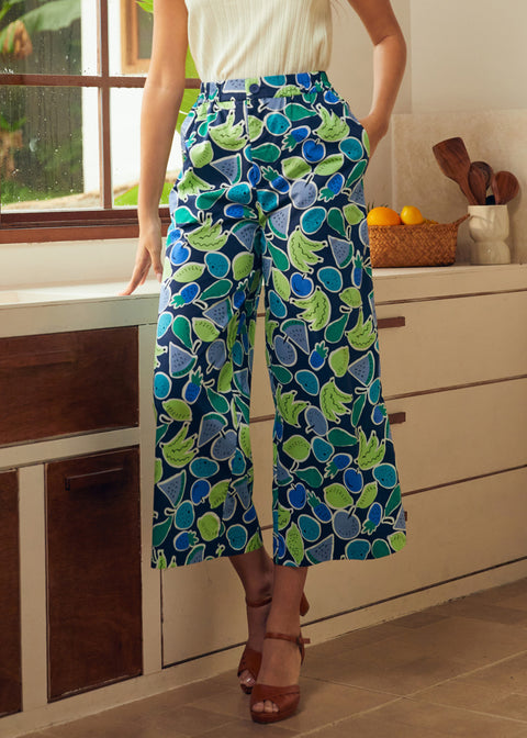 Wide leg cropped palazzo pants in fruit print with elastic waistband, front view