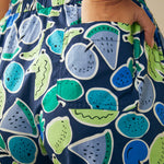 Close-up of fruit print palazzo pants with back patch pocket