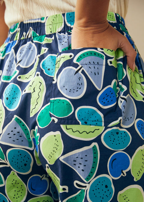 Close-up of fruit print palazzo pants with back patch pocket
