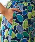 Close-up of cotton palazzo pants with fruit print and side pocket detail