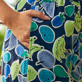 Close-up of cotton palazzo pants with fruit print and side pocket detail