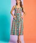 Full-length view of vintage-inspired rainbow plaid sundress