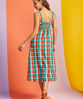 Back view of rainbow plaid midi dress with stretchy smocked back panel