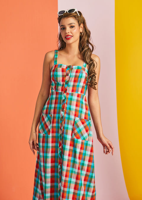 Vintage Inspired Rainbow Plaid Midi Dress