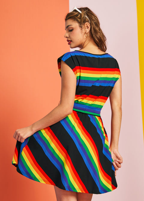 Rainbow Stripe Fit and Flare Boatneck Dress Rainbow Bright / M Rainbow Stripe Fit and Flare Boatneck Dress Rainbow Bright / M