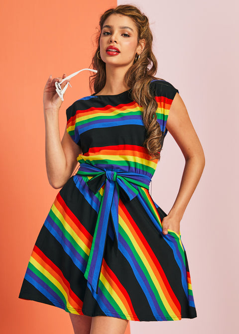 Rainbow Stripe Fit and Flare Boatneck Dress Rainbow Bright / M Rainbow Stripe Fit and Flare Boatneck Dress Rainbow Bright / M