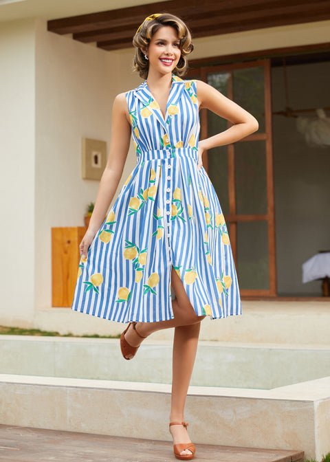 The Carousel Cutie Dress in Lemon Stripe, Size 3X