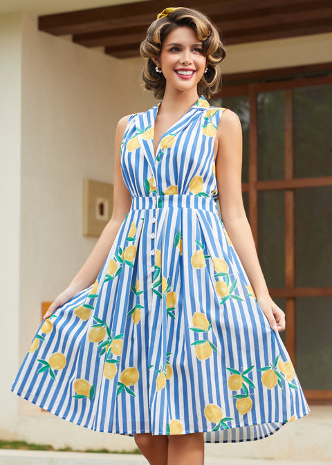 Woman modeling the Lemon Stripe fit and flare dress outdoors.