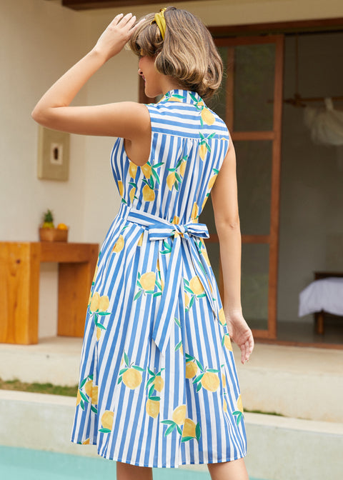 Back view of a sleeveless striped lemon dress with attached self-tie belt.