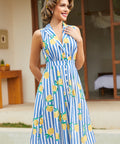 Front view of a sleeveless blue and white striped lemon print dress with notched collar.