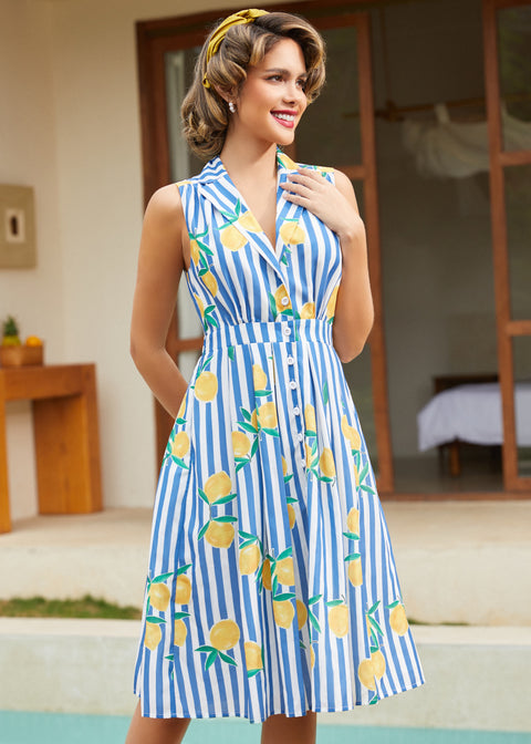 Front view of a sleeveless blue and white striped lemon print dress with notched collar.