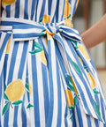 Detail of the attached striped back waist tie on blue striped dress.