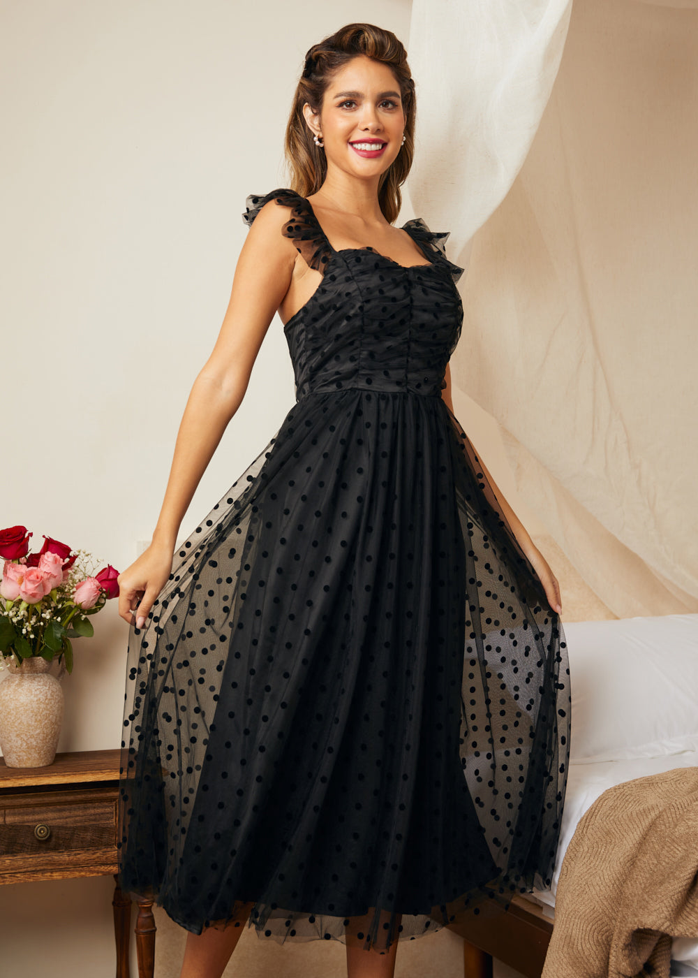 Sheer polka dot mesh skirt overlay with full fit and flare silhouette