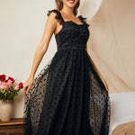 Sheer polka dot mesh skirt overlay with full fit and flare silhouette