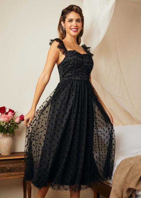 Sheer polka dot mesh skirt overlay with full fit and flare silhouette