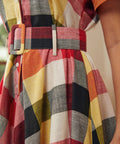 Close-up of the coordinating removable belt and waist detail on the plaid dress.