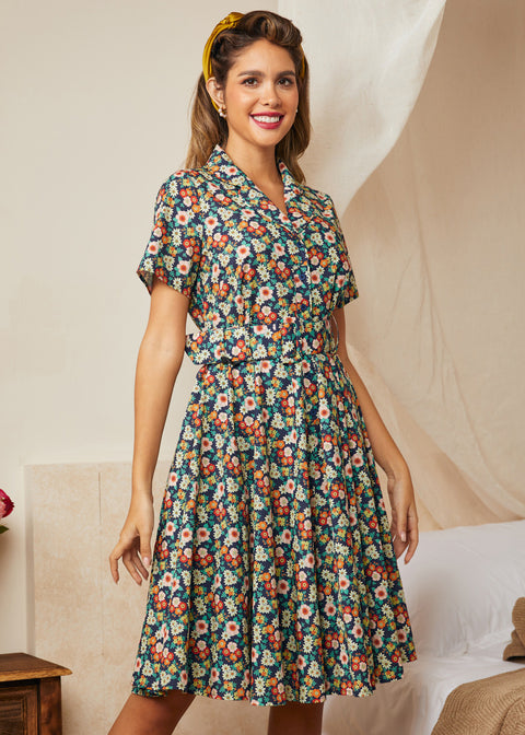 Floral Cotton Fit & Flare Shirt Dress with Belt