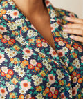 Close-up of the notched collar and colorful vintage floral print on a cotton dress.