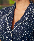 Close up of collar detail on vintage inspired navy blue and white polka dot dress