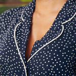 Close up of collar detail on vintage inspired navy blue and white polka dot dress