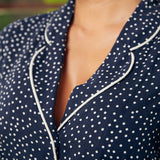 Close up of collar detail on vintage inspired navy blue and white polka dot dress