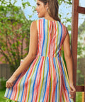 Back view of rainbow stripe sleeveless dress with keyhole detail and zipper closure