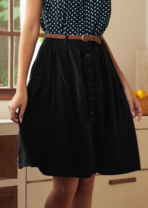 Front angled view of black button front skirt with vintage-inspired silhouette