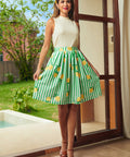 Vintage-inspired fit and flare skirt with lemon print and elastic waist, full outfit view