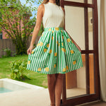 Vintage-inspired fit and flare skirt with lemon print and elastic waist, full outfit view