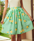 Fit and flare skirt with lemon print and green stripes, front view