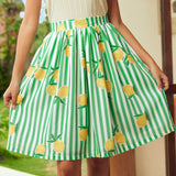 Fit and flare skirt with lemon print and green stripes, front view