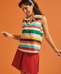 Side view of the rainbow striped cotton blouse with button-front closure.