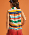 Back view of the sleeveless striped blouse featuring a box pleat detail.