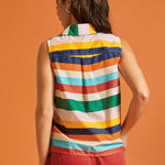 Back view of the sleeveless striped blouse featuring a box pleat detail.